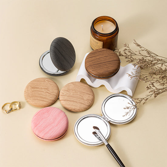 2 Pcs Brown Portable Wooden-Style Makeup Mirror - Dual-Sided High-Definition Compact Mirror