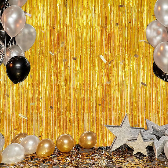 10 Pcs Red Shiny Tinsel Foil Fringe Curtain - 1m x 2m Metallic Streamer Backdrop for Birthday Parties, Weddings, Christmas, and Stage Decor - Gold Plastic Photo Prop