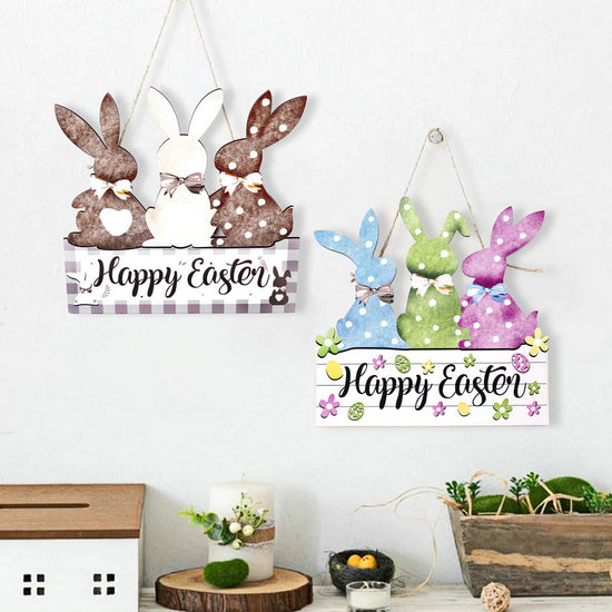 Colorful 2-Pack Easter Bunny Wooden Sign – Colorful Wooden Hanging Decor with "Happy Easter" Text, Spring Door or Wall Decoration for Home and Party