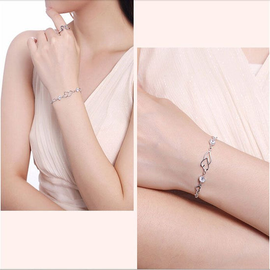 Heart-to-Heart Silver Plated Bracelet with Sparkling Rhinestones Elegant Romantic Jewelry for Women Includes Local Standard Gift Box for Special Occasions(Heart Brand)