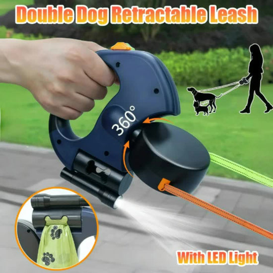 Brown and Grey One-to-Two Retractable Dog Leash with One-Click Safety Lock & Night Light - 3M Tangle-Free 360° Rotation Walking Leash