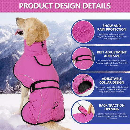 M Size Rose Red Winter Waterproof Dog Puffer Vest with Adjustable Neckline / Belt and Leash Access - Reflective Long-Pile Fleece Lined Warm Cloak