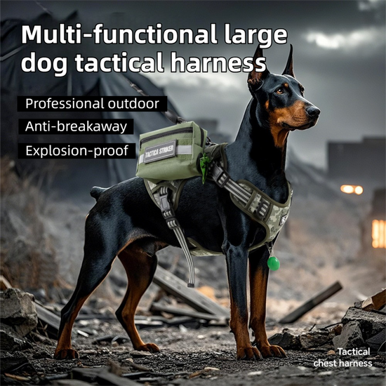 3-Piece Khaki Tactical Dog Harness Set (XL Size) - Heavy Duty No-Pull Vest with Detachable Tactical Pouch & Climbing Rope Leash