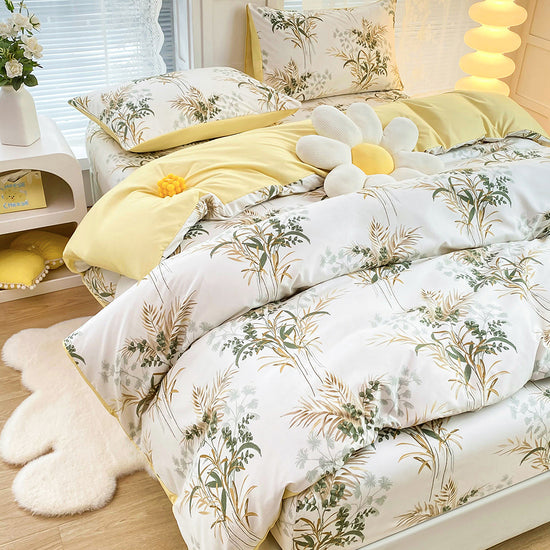 4-Piece Elegant Green Bouquet Printed Soft-Touch Brushed Bedding Set for 1.5M Bed: 175 x 220 CM Duvet Cover, 150 x 200 (+25) CM Deep Pocket Fitted Sheet & 2PC 50 x 75 CM Pillowcases