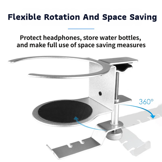 2-in-1 Under-Desk Metal Headphone Hanger & Anti-Spill Cup Holder - No-Drill Heavy-Duty Desk Adjustable Clamp and 360° Swivel Hook