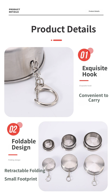 3-Capacity Silver Stainless Steel Collapsible Travel Cup Set(75ml + 150ml + 250ml) - Compact Telescopic Drinking Cup with Keychain & Dust-Proof Lid for Outdoor Hiking and Camping