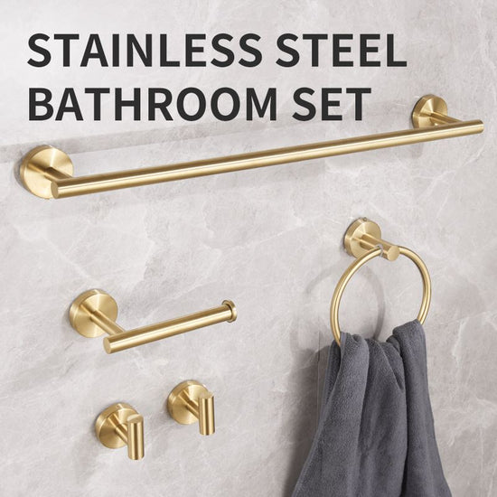 5PCS Matt Gold Stainless Steel Bathroom Organizer Set - Wall-Mounted Rotatable Towel Bar, Toilet Paper Holder, Towel Ring & Versatile T-shaped Hooks