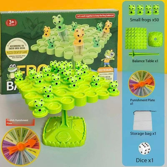 Green Frog Balance Tree Stacking Game - 50PCS Two-Player Balance Board Game with Challenge Spinner, Desktop Puzzle Toy for Preschool Kids Hand-Eye Coordination Development