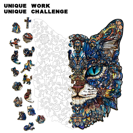 L Style Blue-Eyed Cat Wooden Jigsaw Puzzle -Irregular Animal Shaped Puzzle with DIY Piggy Bank Option, Laser Cut 3D Craft, Stress Relief Brain Game Gift for Adults 14+