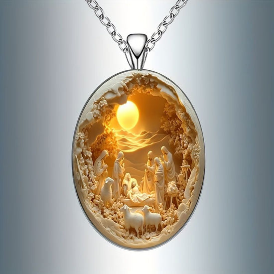 3D Nativity Scene Necklace- Oval Pendant, Jesus Birth Christmas Easter Gift for Women Men, Zinc Alloy Chain Necklace