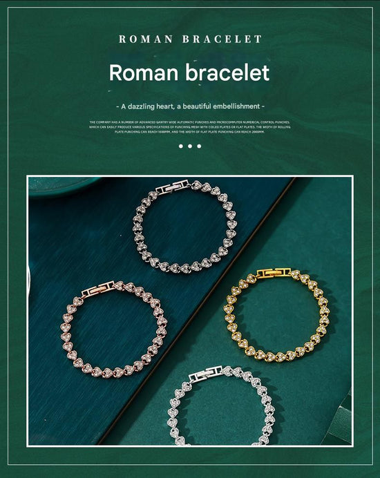 2-piece Aureate and Silvery Luxury Crystal Heart Tennis Bracelet - European Roman Style Pave CZ Diamond Link Chain - Elegant Gold Silver Rose Gold Plated Fashion Jewelry for Women