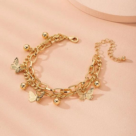 Aureate Butterfly Charm Layered Chain Bracelet - Gold and Silver Alloy Finish - Adjustable Double Strand Design, Lightweight Everyday Wear, Gift Ready,Gift Box Set