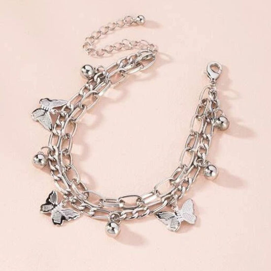 Silvery Butterfly Charm Layered Chain Bracelet - Gold and Silver Alloy Finish - Adjustable Double Strand Design, Lightweight Everyday Wear, Gift Ready,Gift Box Set