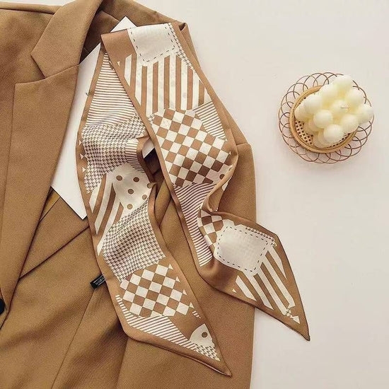 2-piece Coffee Geometry and Pencil Drawing French Style Long Silk Scarf - Coffee Print - Versatile Skinny Neck Ribbon, Hair Tie, Bag Handle Accessory, Elegant Office Wear, Lightweight Polyester