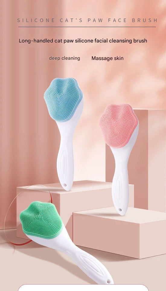Blue Silicone Cat Paw Face Brush - Long Handle Manual Facial Cleanser for Deep Pore Cleaning, Exfoliating & Massaging - Soft Bristles for Blackhead Removal, Gentle on Skin, Travel Friendly
