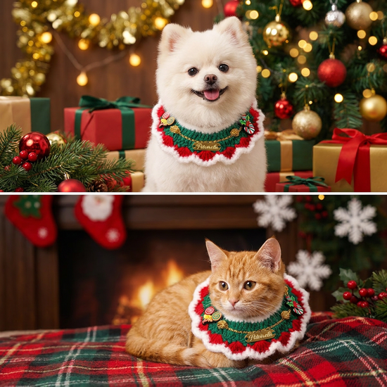 Christmas Pet Collar(White frayed edges) Knitted Festive Dog Cat Collar Red Green Adjustable Soft Lightweight Holiday Pet Accessories for Small Dogs and Cats Party Wear