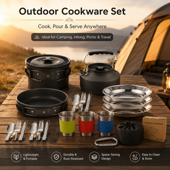 Black Camping Cookware Set for 2–3 People – Portable Outdoor Cooking Pot, Frying Pan & 1.1L Kettle Kit with Stainless Steel Plates, Cups & Cutlery, Lightweight Non-Stick Camping Cook Set for Hiking, Picnic, Backpacking & RV Travel