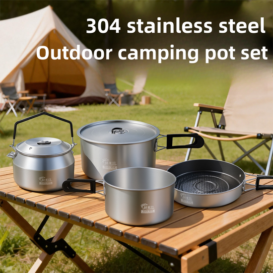 3-Piece Food Grade Stainless Steel Camping Cookware Set with 1.1L Kettle, Medium Stew Pot and Medium Frying Pan - Hangable and Foldable, Compact Nesting Storage, Anti Scald Wrapped Handle