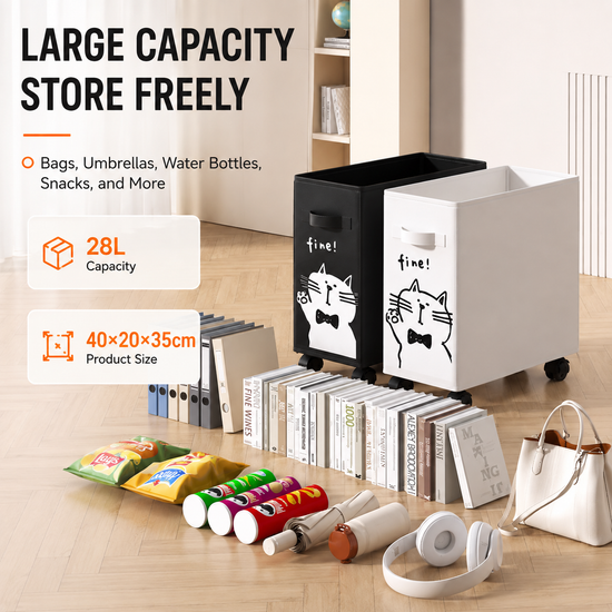 2 Pack Rolling Oxford Fabric Storage Basket with Wheels (Black + White Dog) - 28L Slim Underdesk Storage Bin & Collapsible Laundry Hamper for Office Dorm & Home