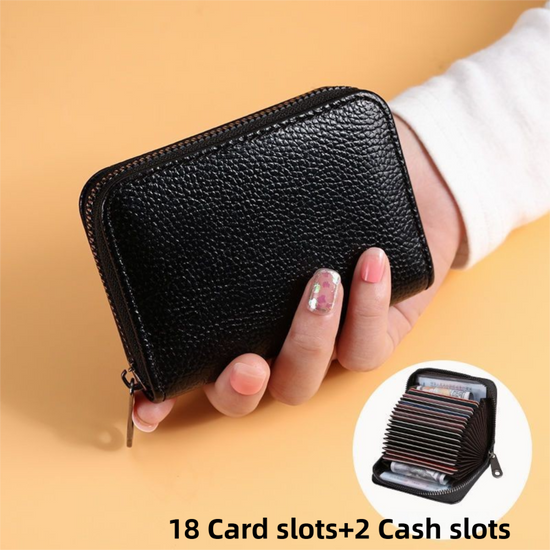 Litchi Grain Black Accordion Card Holder Wallet (18 Card Slots & 2 Coin Pockets) - Compact Multifunctional PU Card Organiser with Oxford Cloth Lining for Cards, Licence and Coins