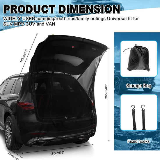 185 x 205CM Car Tailgate Sunshade Mosquito Net with Zipper, Fixed Band / Hooks and Storage Bag - Extra Large Breathable Mesh Rear Hatch Screen for SUV MPV Van Camping & Road Trips