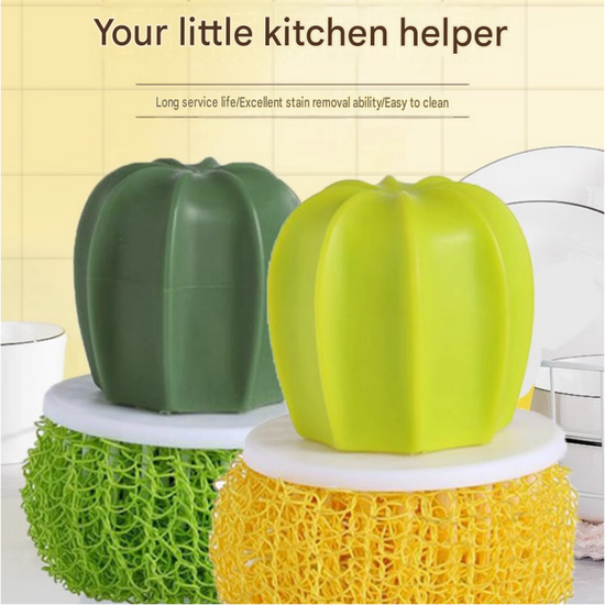 Cactus-shaped nano cleaning brush set with 3 pack green replacement heads and Yellow storage box - PP Material, Non-Scratch Design, Multi-Purpose Kitchen Scrubber for Pots, Pans and Dishes - Space Saving Storage, Easy Grip Ergonomic Shape