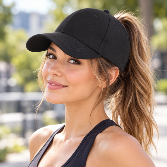 Black Magnetic Ponytail Baseball Cap for Women - Open Back High Ponytail Hat with Magnetic Closure and Curved Brim for Outdoor Wear, Travel and Everyday Styling