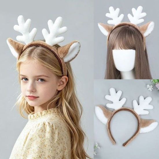 Christmas Reindeer Antler Headband - Brown and White Plush Deer Ear Hair Accessory for Festive Parties, Cosplay, Holiday Dress Up and Photos