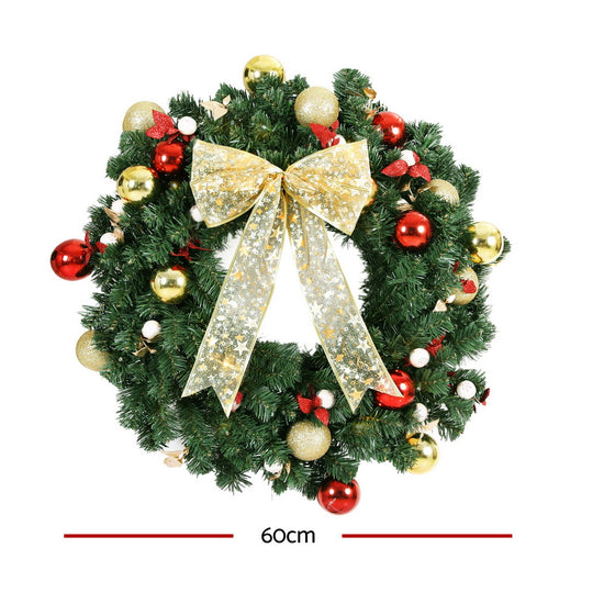 Jingle Jollys Christmas Wreath 60CM LED Garland Berries Bow Baubles Xmas Decor