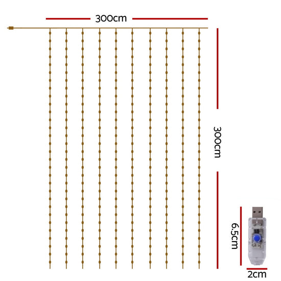 Jingle Jollys 3X3M Christmas Lights Curtain String Light 300 LED Warm White