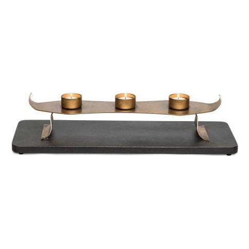 Decorative Black Gold Tea Light Metal Candle Holder Stand with Wooden Base - Magdasmall