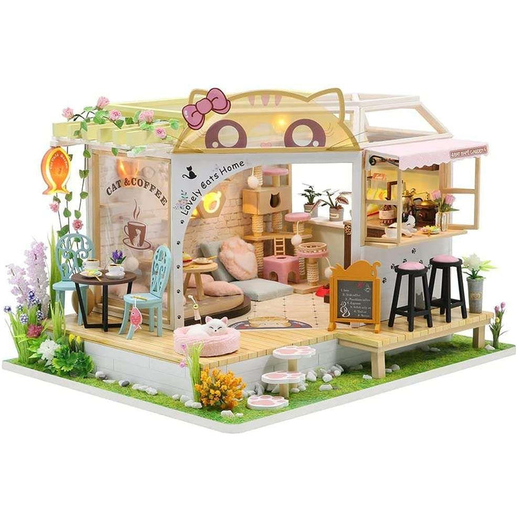 Dollhouse Miniature with Furniture Kit Plus Dust Proof and Music Movement - Cat Coffee (Valentine&
