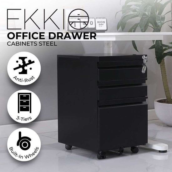EKKIO 3 Drawer Mobile File Cabinet with Lock (Black)