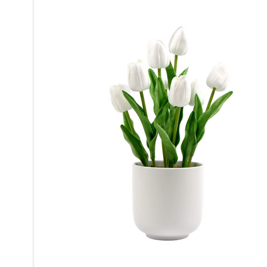 Flowering White Artificial Tulip Plant Arrangement With Ceramic Bowl 35cm - Magdasmall
