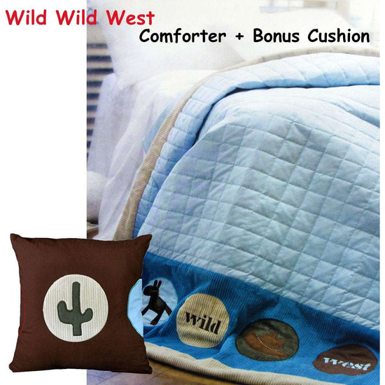 Happy Kids Wild Wild West Blue Embroidered Comforter with Bonus Cushion - Magdasmall