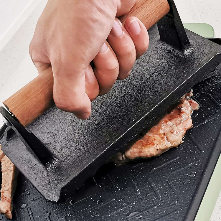 Heavy Duty Rectangular Cast Iron Grill Burger Press Pre-Seasoned Steak Griddle BBQ Grilling - Magdasmall