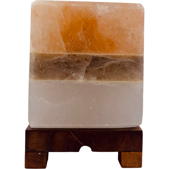 Himalayan Salt Lamp BANDED CUBE With Wooden Stand, cord and globe Three different salt bands