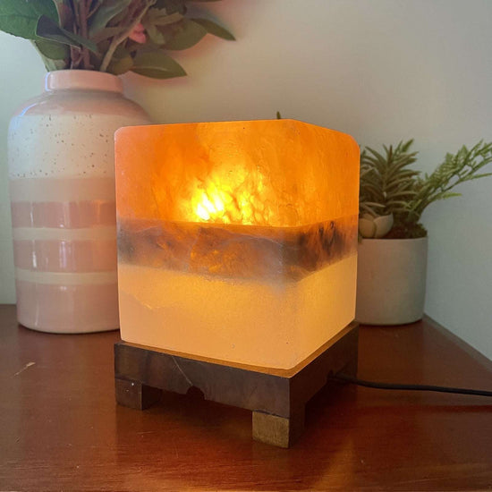 Himalayan Salt Lamp BANDED CUBE With Wooden Stand, cord and globe Three different salt bands