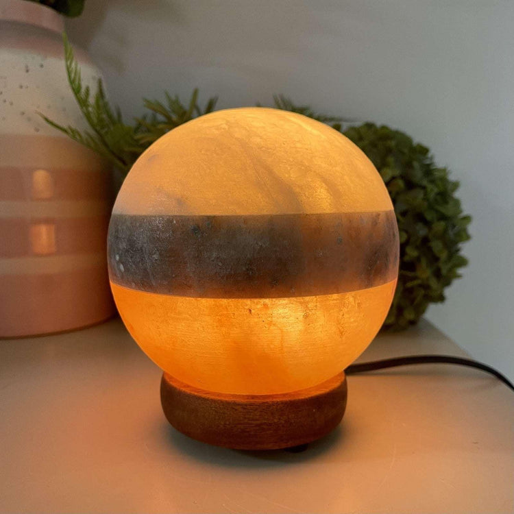 Himalayan Salt Lamp BANDED SPHERE With Wooden Base, cord and globe Three different salt bands - Magdasmall