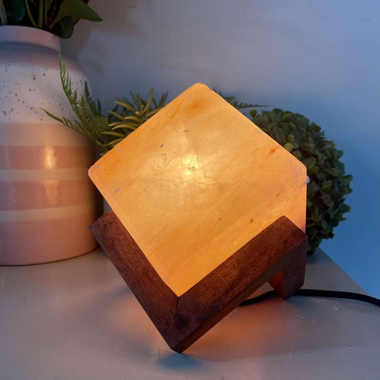 Himalayan Salt Lamp CUBE With Wooden Stand, cord and globe
