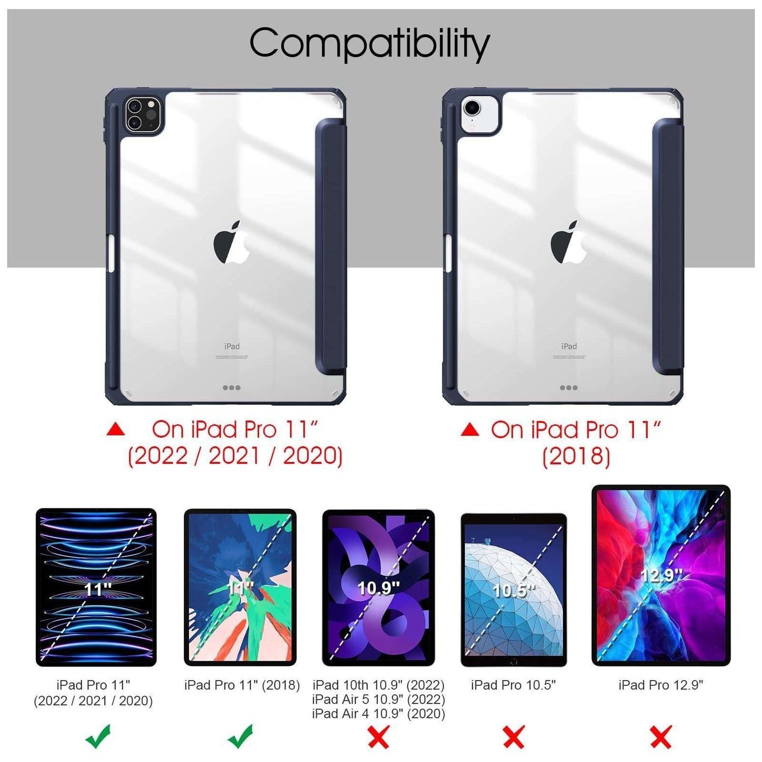 iPad Pro 11 Inch 2020-2022 Soft Tpu Smart Premium Case Auto Sleep Wake Stand Clear Cover Pencil holder navy blue