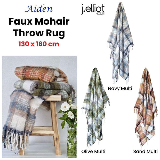 J Elliot Home Aiden Sand Multi Faux Mohair Throw Rug with Fringe 130 x 160cm - Magdasmall