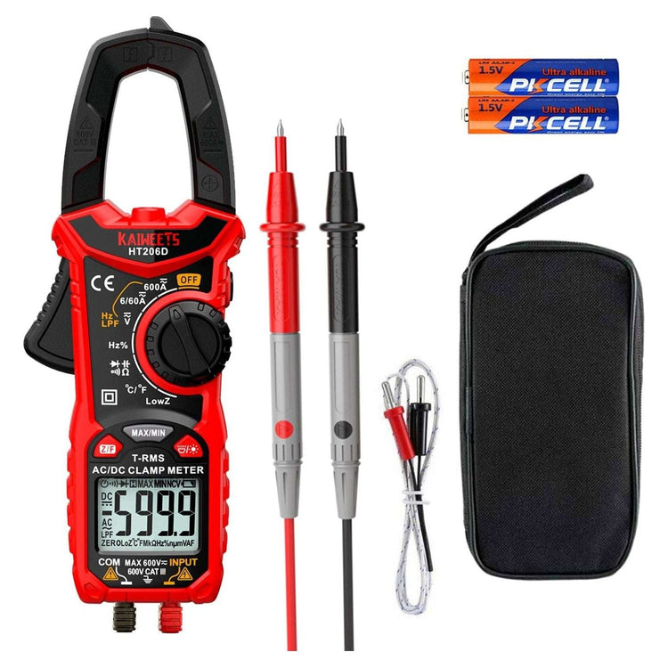 KAIWEETS HT206D Digital Clamp Meter T-RMS 6000 Counts, Multimeter Voltage Tester Auto-ranging, Measures Current Voltage Temperature Capacitance Resistance Diodes Continuity Duty-Cycle (AC/DC Current)