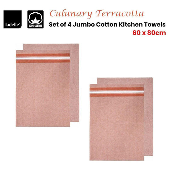 Ladelle Culinary Terracotta Cotton Set of 4 Jumbo Kitchen Towels 60 x 80 cm