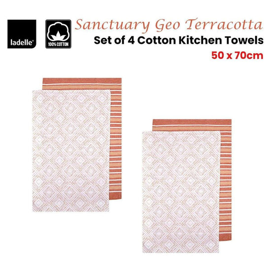 Ladelle Sanctuary Geo Terracotta Set of 4 Cotton Kitchen Towels 45 x 70 cm