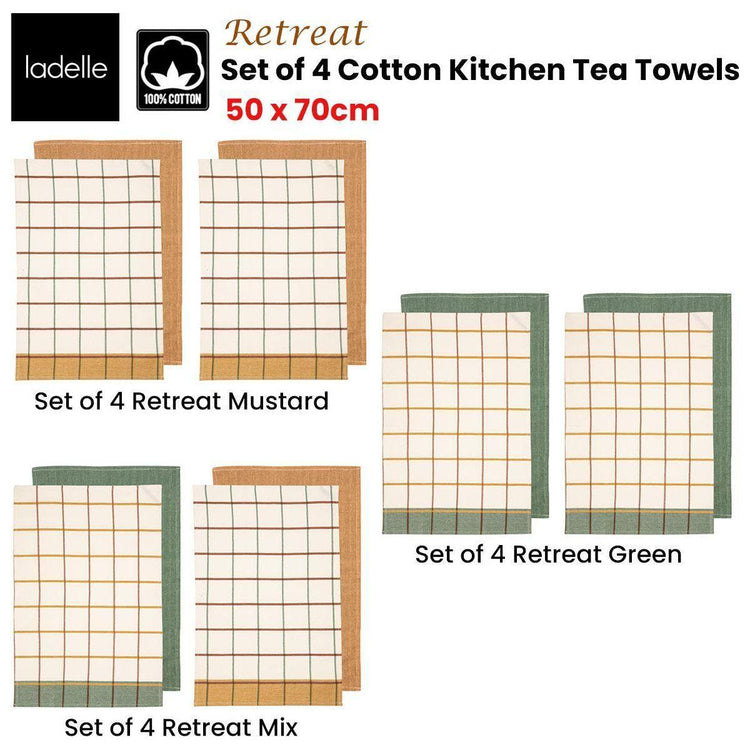 Ladelle Set of 4 Retreat Cotton Kitchen Tea Towels 50 x 70 cm Mix