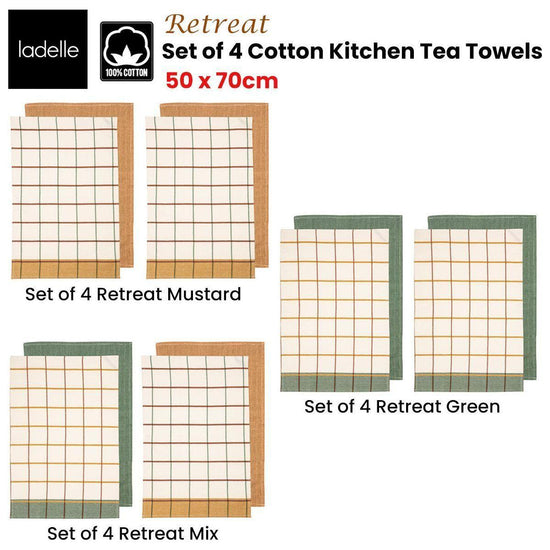 Ladelle Set of 4 Retreat Cotton Kitchen Tea Towels 50 x 70 cm Mustard