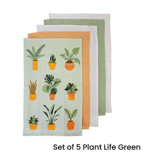 Ladelle Set of 5 Plant Life Cotton Kitchen Tea Towels 50 x 70 cm Green
