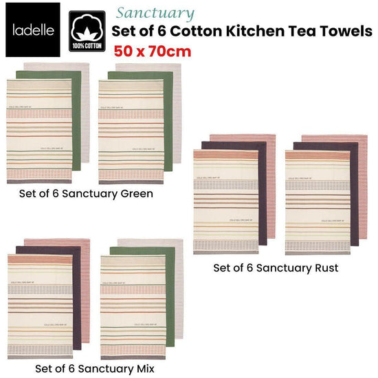 Ladelle Set of 6 Sanctuary Cotton Kitchen Tea Towels 50 x 70 cm Mix