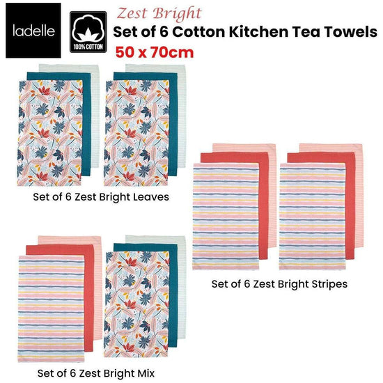 Ladelle Set of 6 Zest Bright Cotton Kitchen Tea Towels 50 x 70 cm Mix